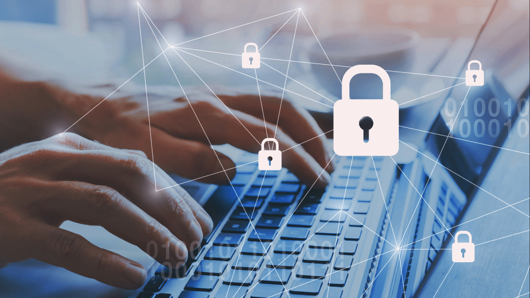 Hands typing on a laptop keyboard with overlay graphics of padlock icons connected by white lines, symbolizing data security and network protection.