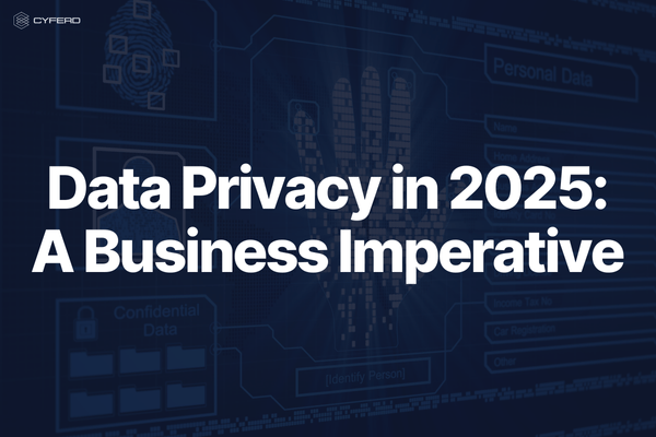 A digital security interface with a biometric handprint scan, emphasizing data privacy in 2025. The text "Data Privacy in 2025: A Business Imperative" is displayed prominently.